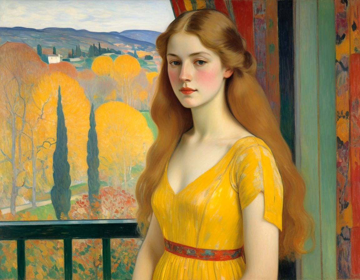 Young woman in yellow gown by window with autumn view