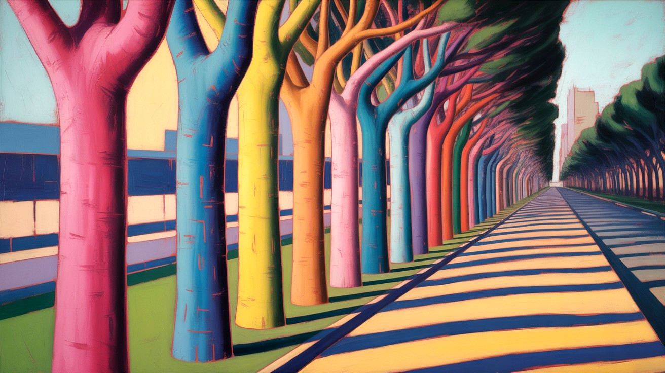 Vibrant Landscape with Colorful Trees and Urban Background