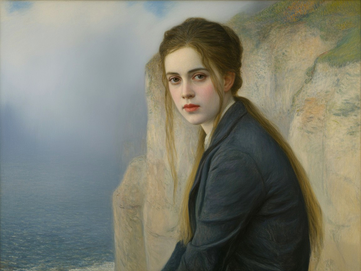 Young woman on cliff by tranquil sea in soft light