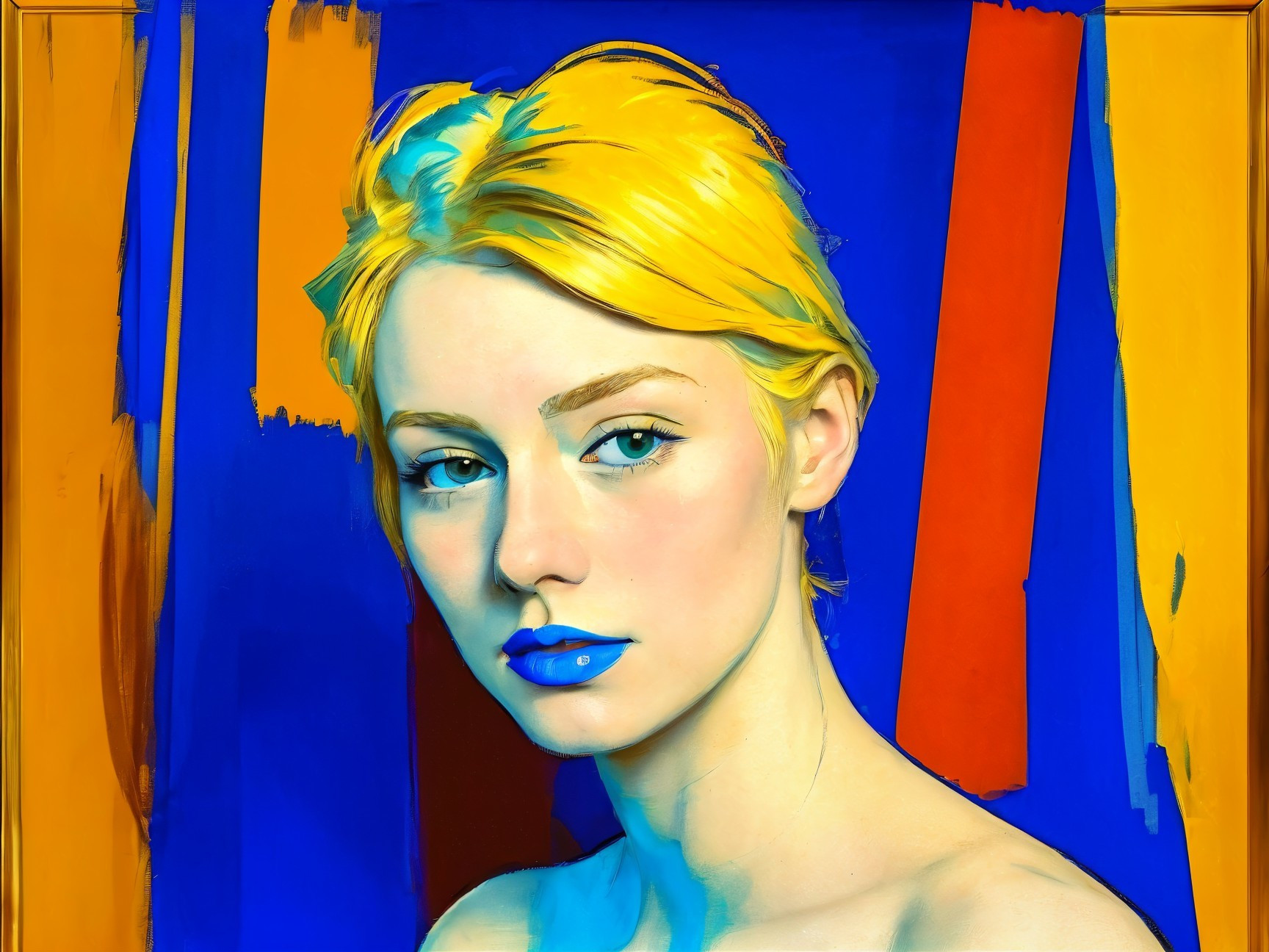Portrait of a Young Woman with Yellow Hair and Blue Lips