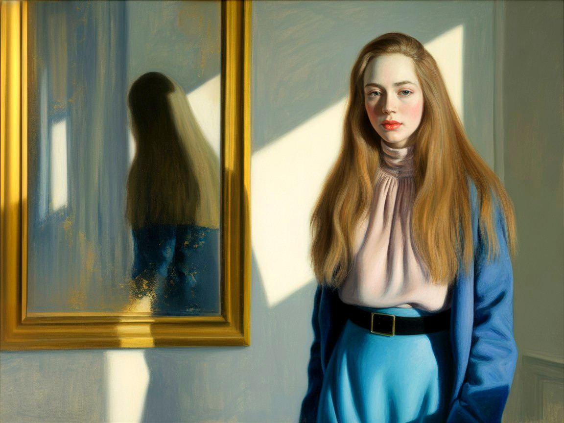 Young woman in soft light before a golden mirror