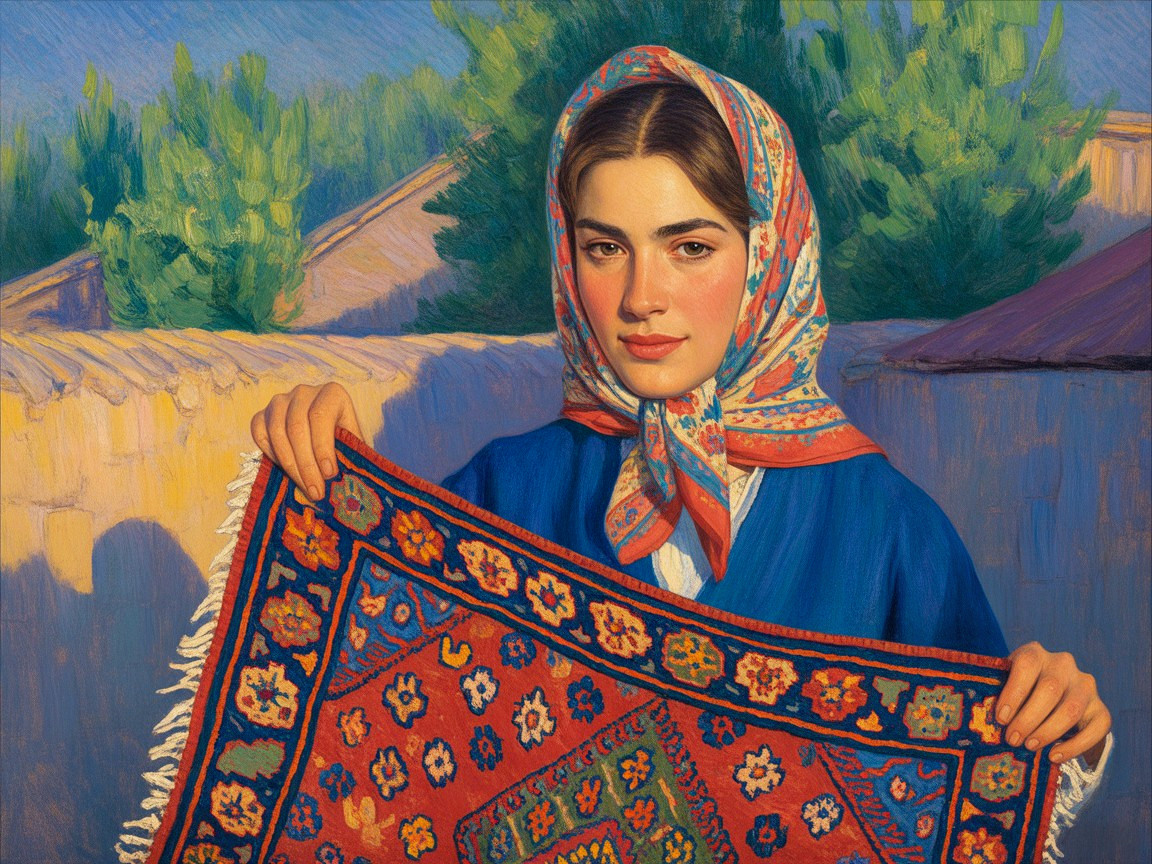 Young Woman with Vibrant Patterned Rug in Nature