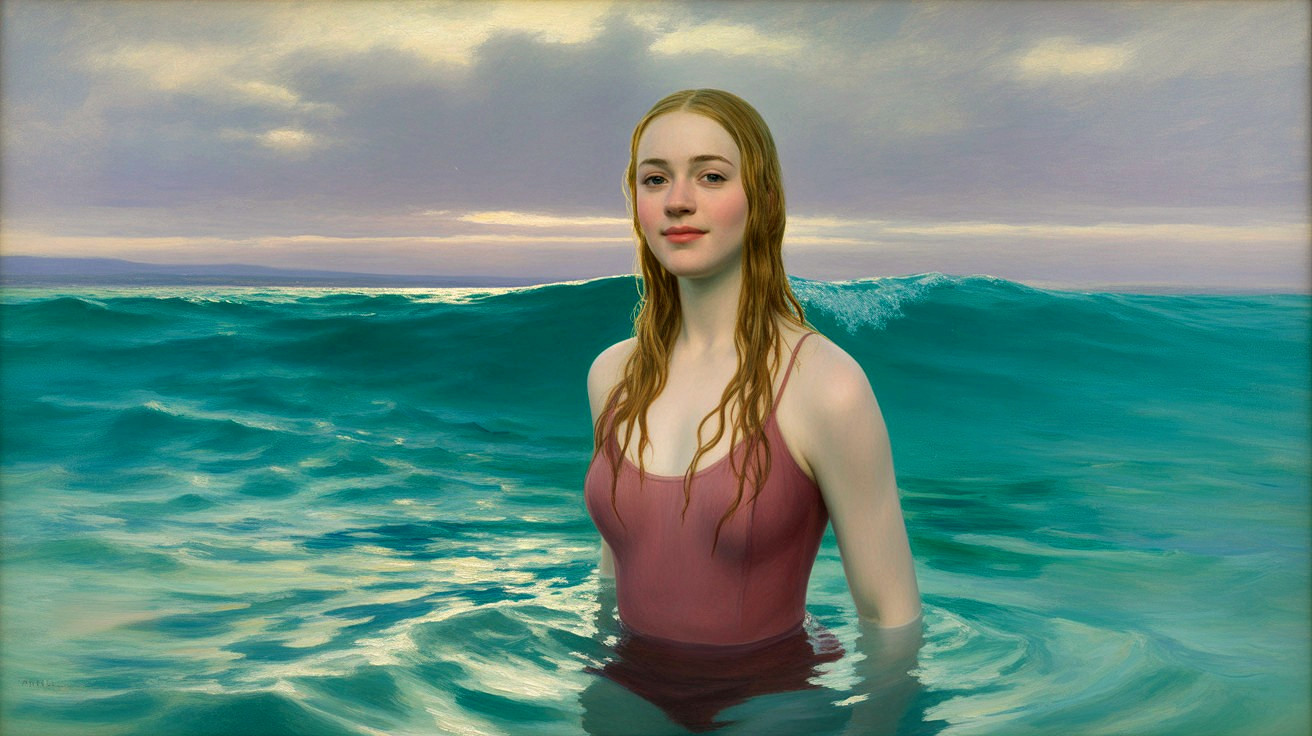 Portrait of a Young Girl in Ocean Water with Waves