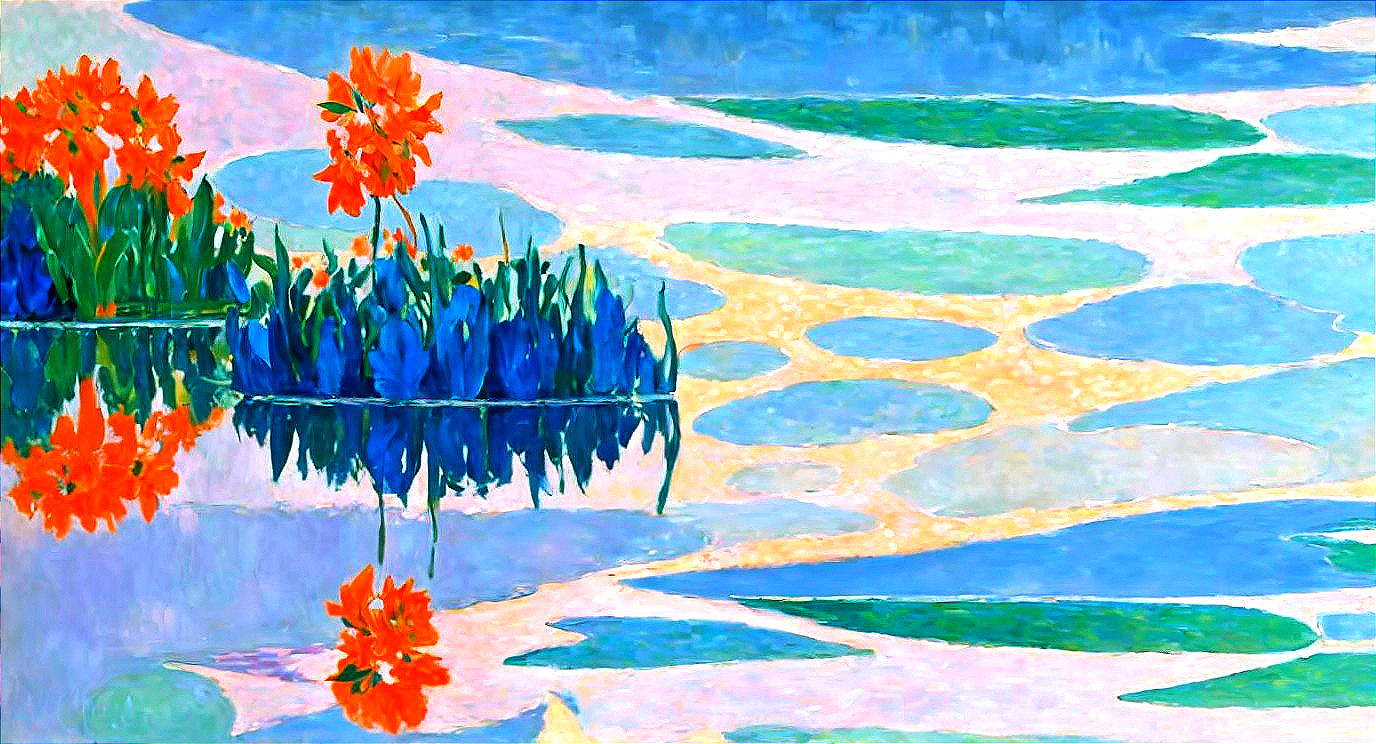 Vibrant Landscape with Orange Flowers and Tranquil Water