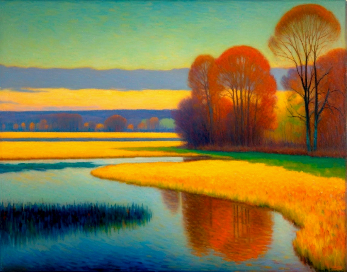 Vibrant Autumn Landscape with Water and Golden Grass