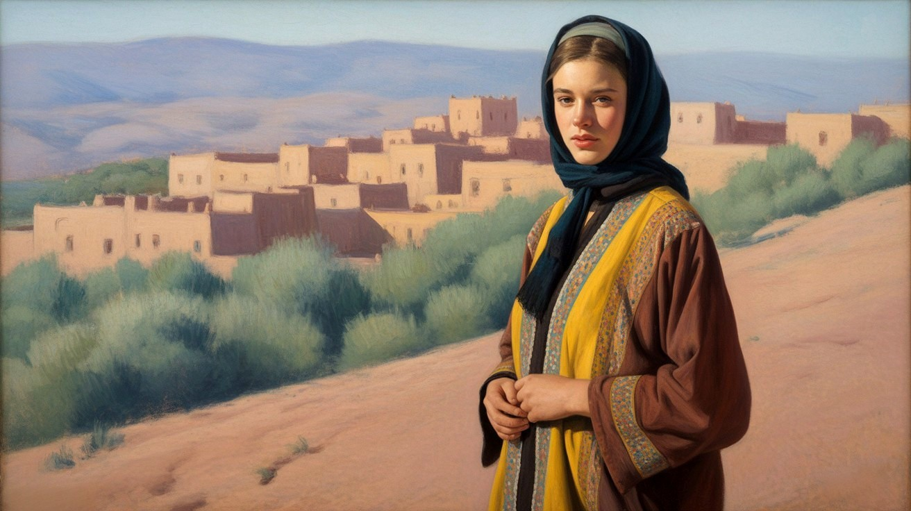 Young Woman in Traditional Garment with Scenic Background