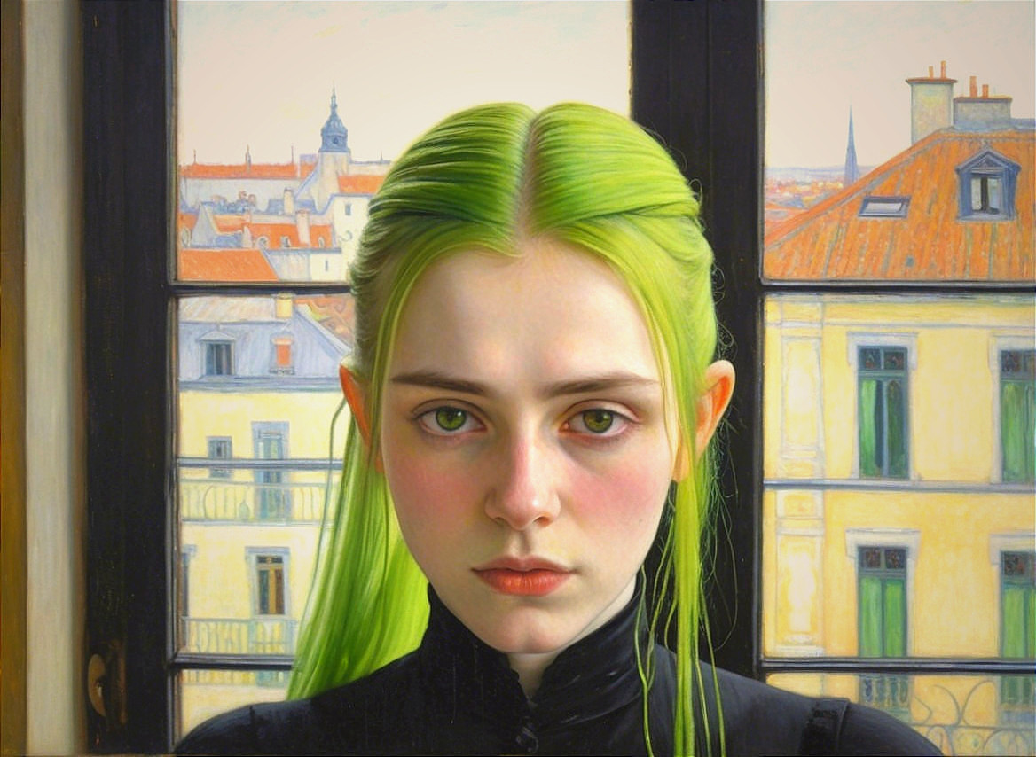 Young woman with green hair in urban setting