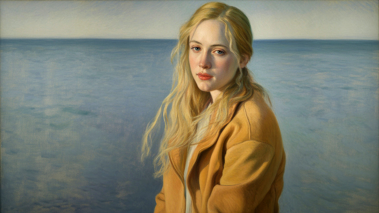Young Woman in Mustard Jacket by Serene Blue Water