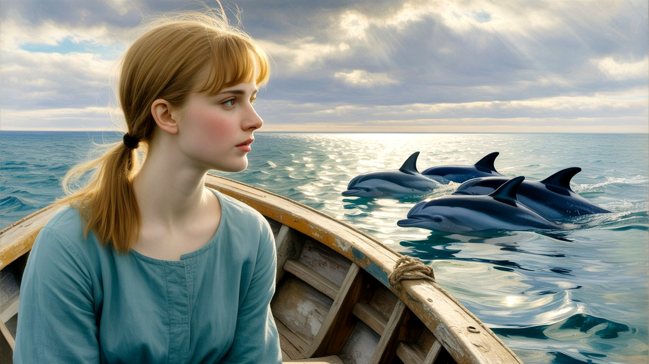 Young Woman in Boat with Dolphins and Dramatic Sky
