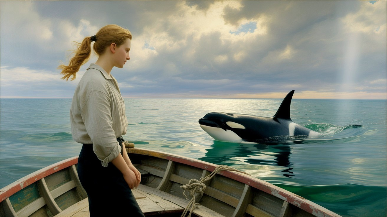Young Woman in Boat Observing Orca in Ocean
