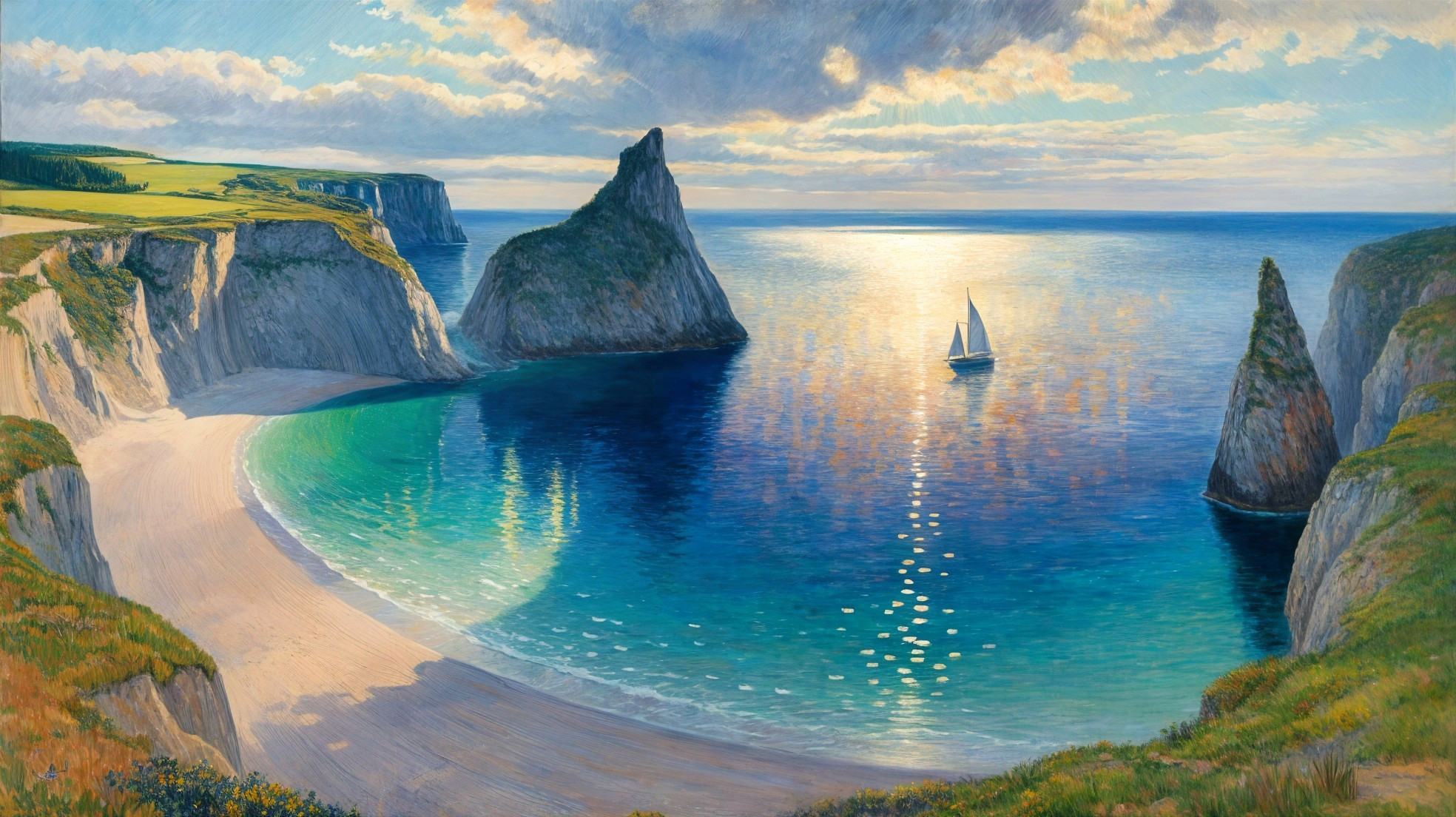 Tranquil Coastal Scene with Bay and Cliffs