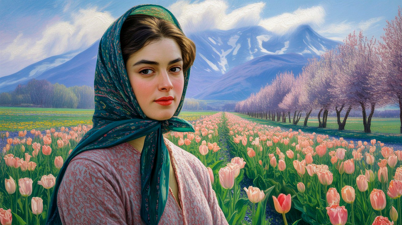 Serene Landscape with Woman in Tulip Fields and Mountains