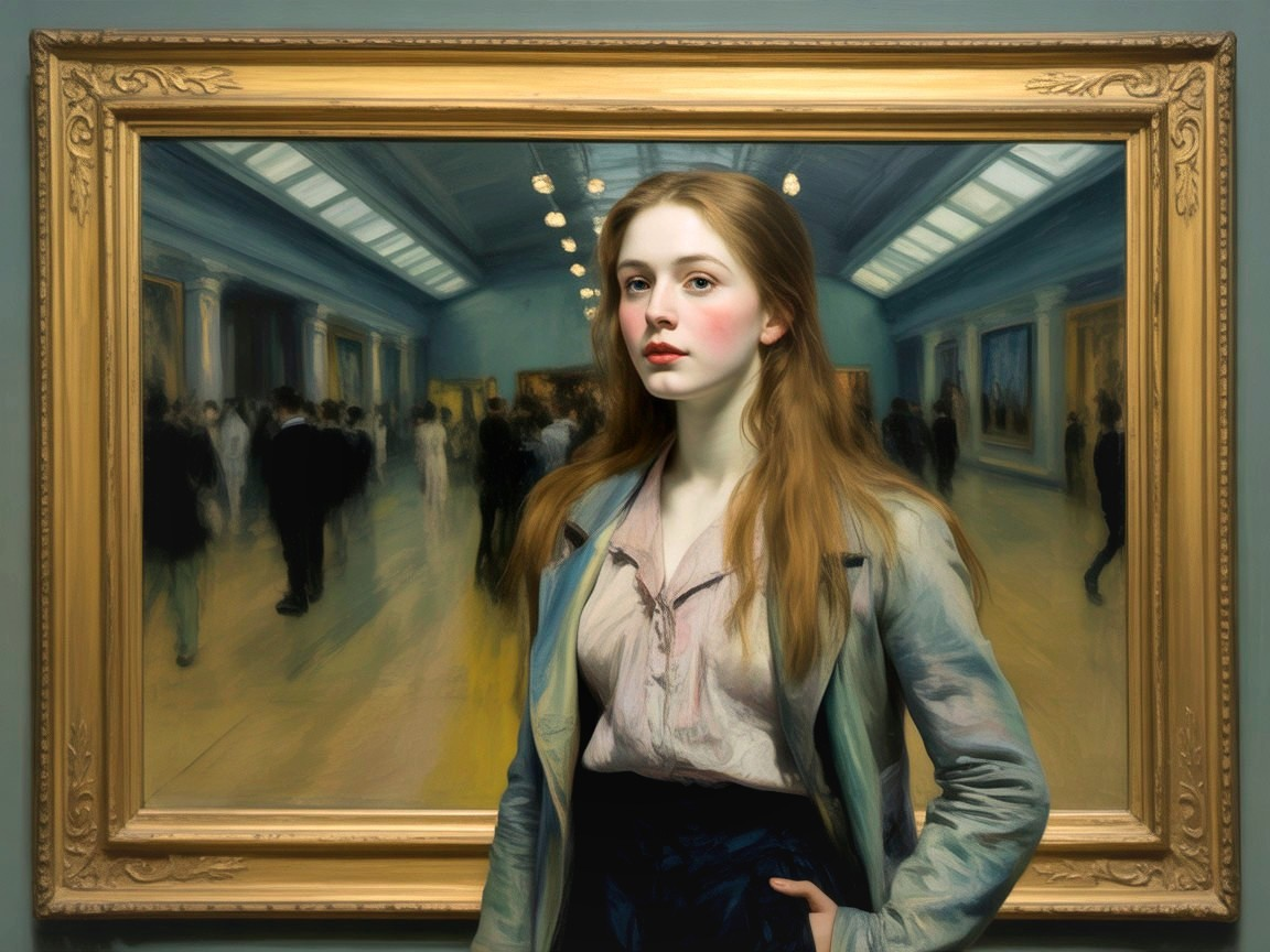 Young Woman Posing in Art Gallery with Paintings