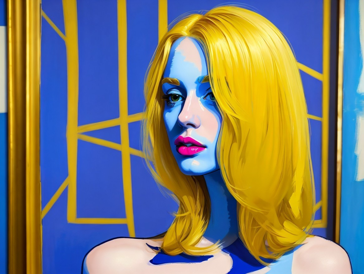 Portrait of a Woman with Blue Skin and Blonde Hair