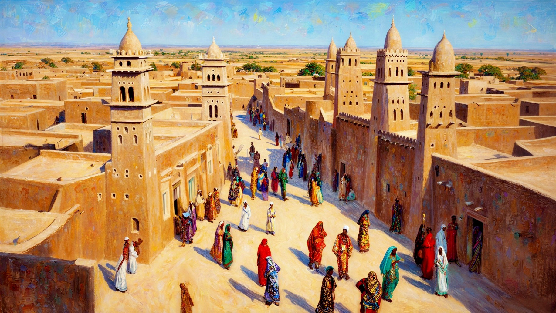 Vibrant Oil Painting of a Bustling Market Street