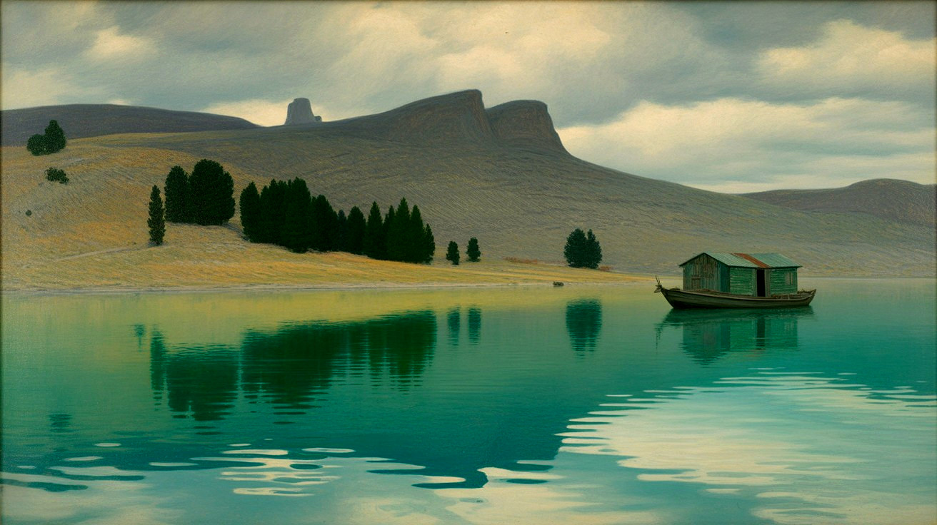 Serene Lake Landscape with Gentle Hills and Boat
