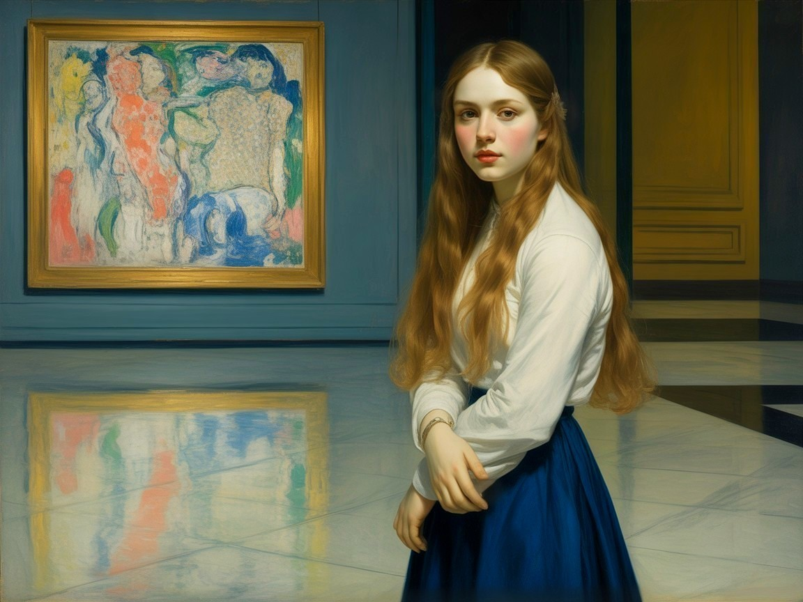 Young Woman in Modern Art Gallery with Abstract Painting