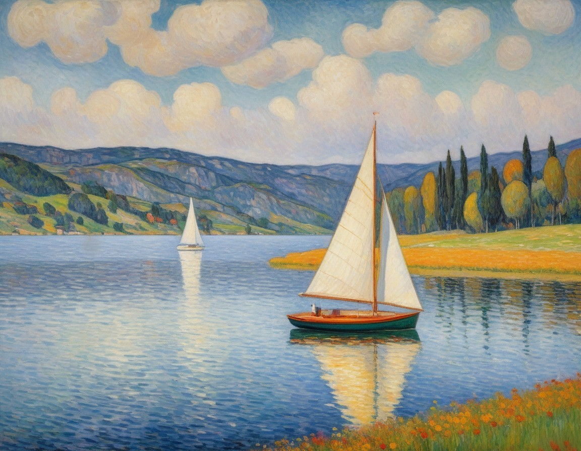 Tranquil Landscape with Sailboats on Calm Lake