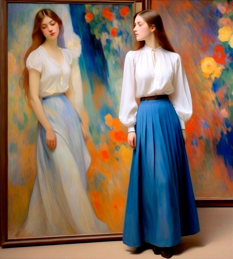 Young woman poses before vibrant floral painting