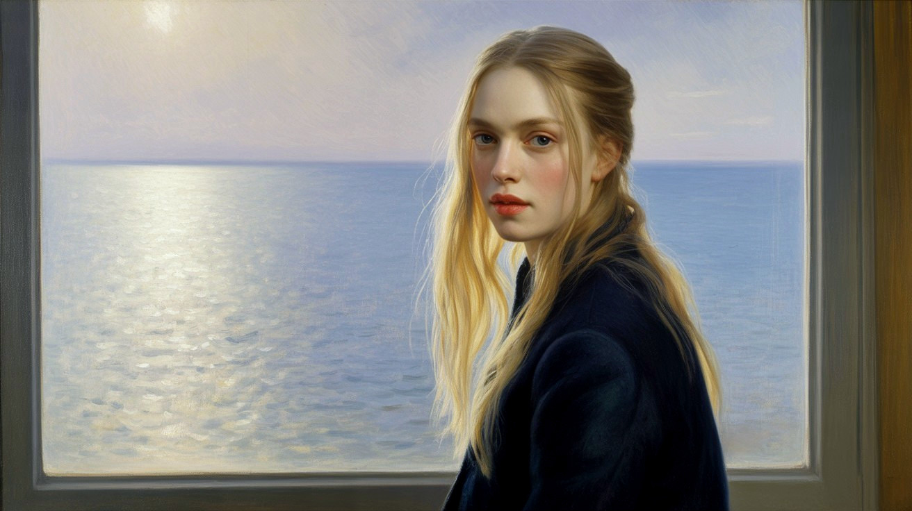 Young Woman Gazing at Serene Sea Through Window