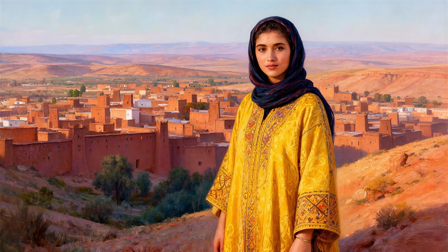 Young Woman in Yellow Robe Against Desert Landscape