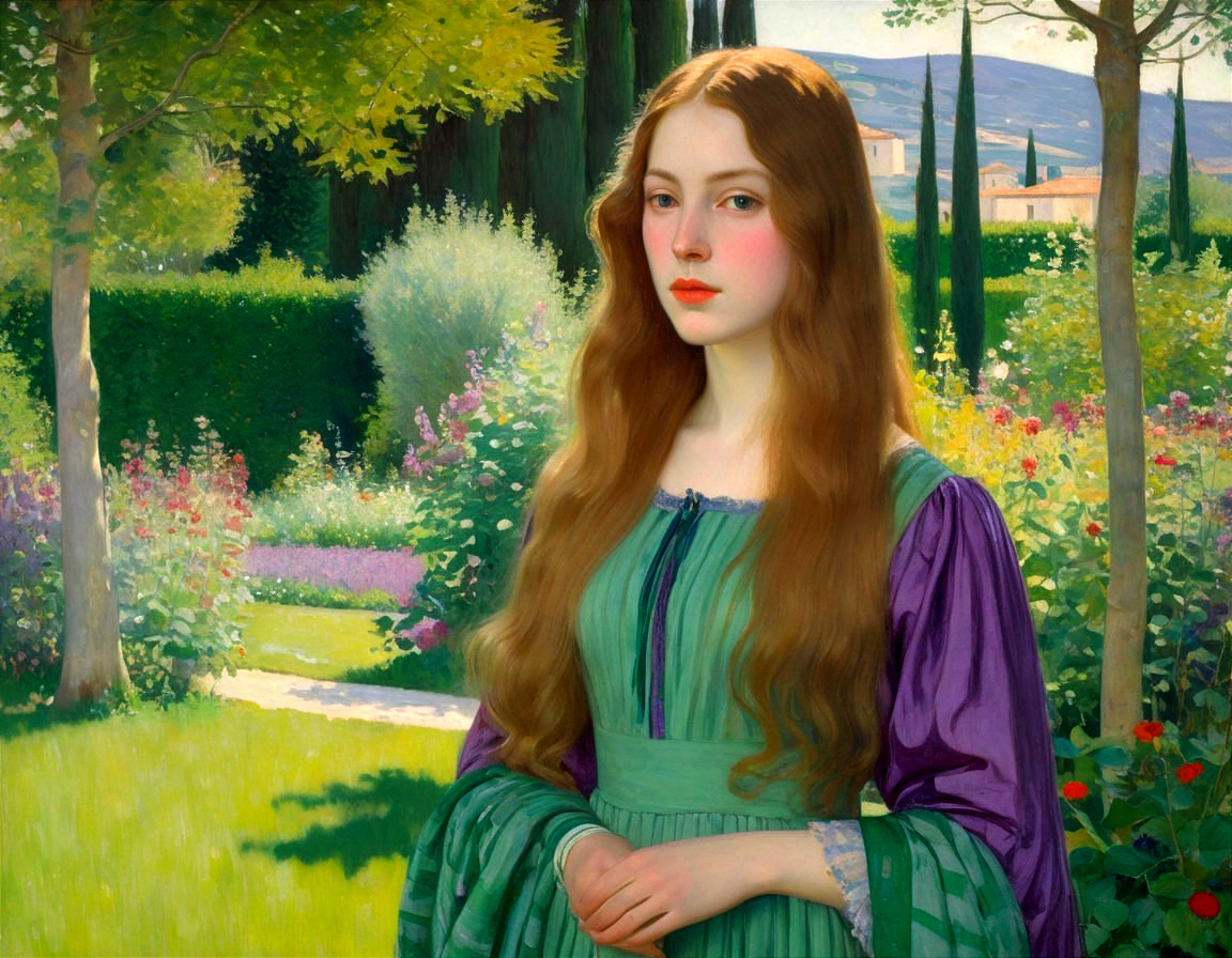 Young Woman in Vibrant Garden with Green Dress
