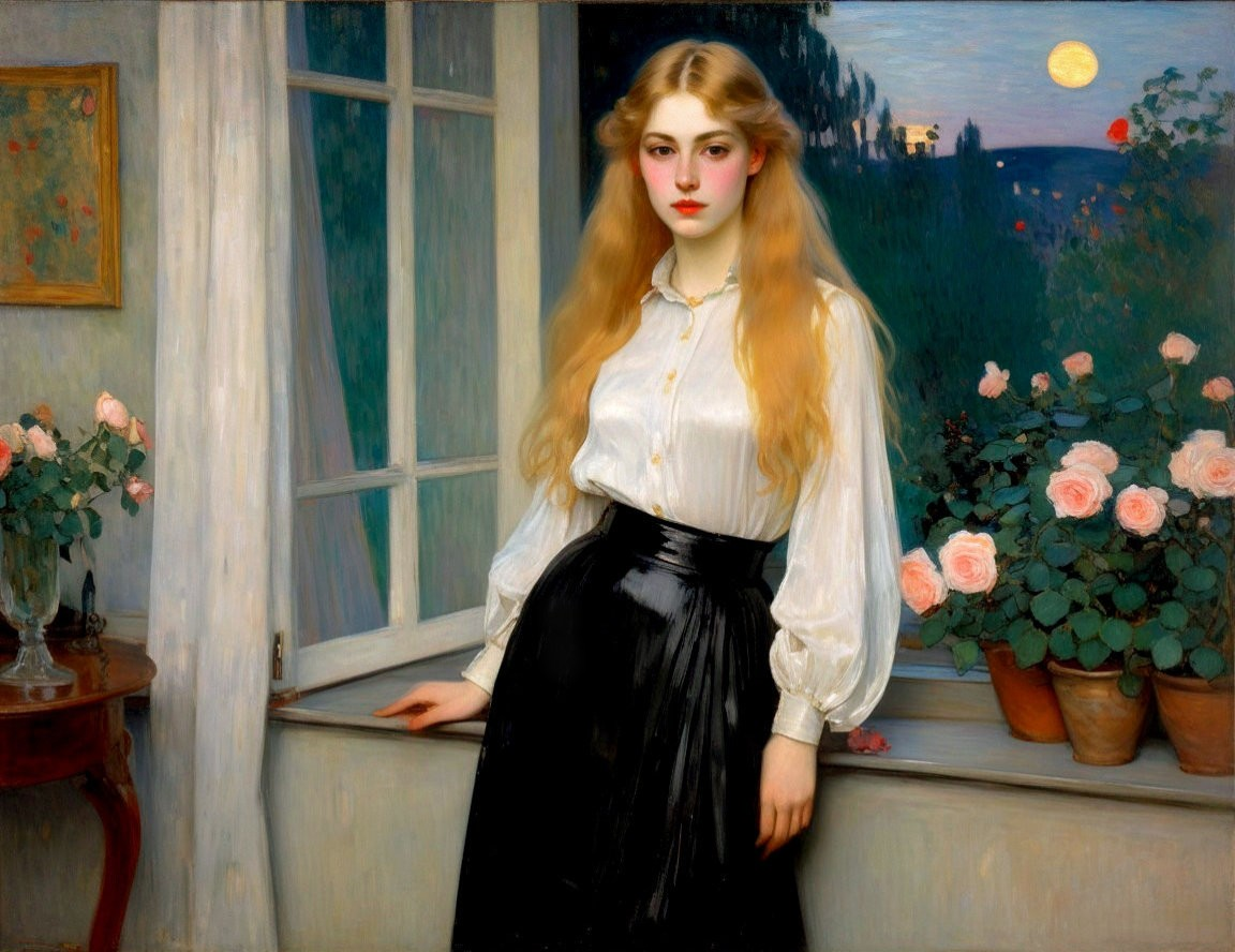 Portrait of a Young Woman by a Moonlit Window