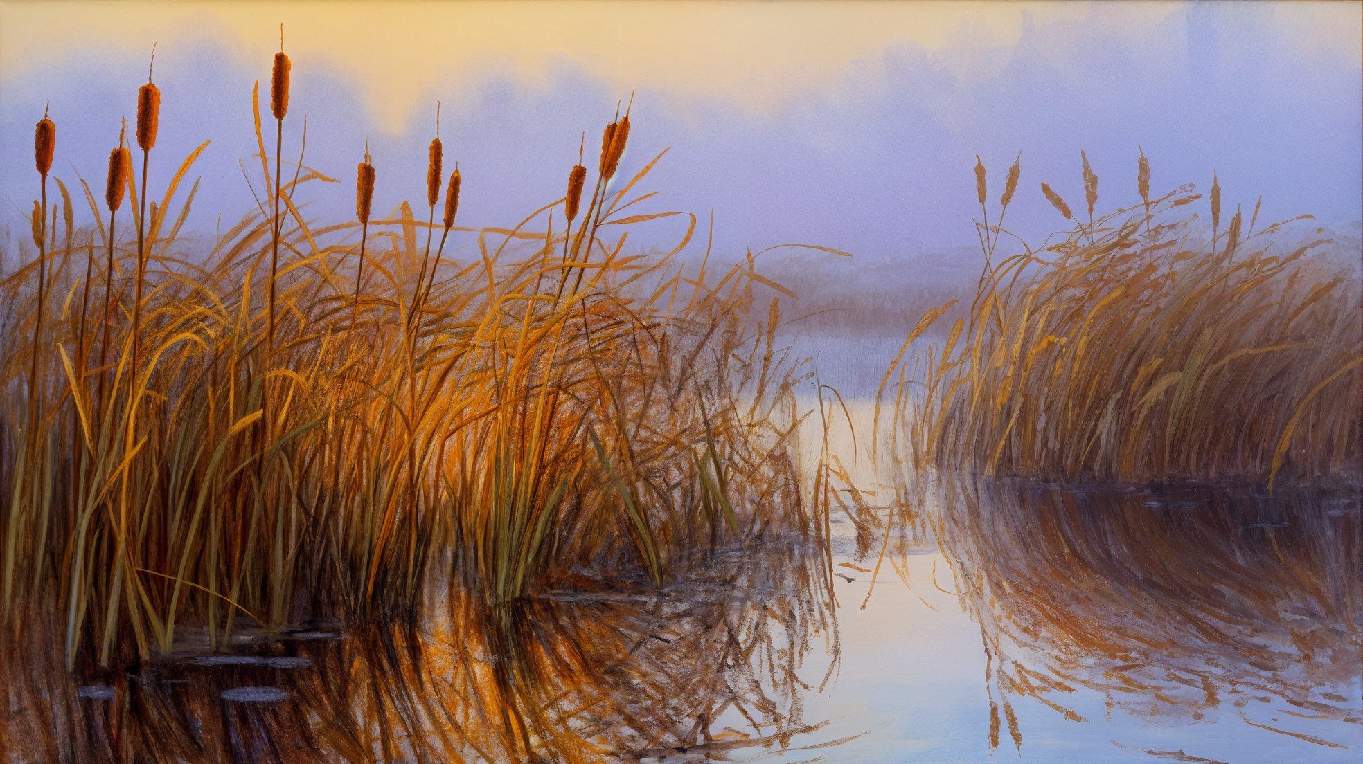Serene Wetland Scene at Dawn with Reeds and Fog