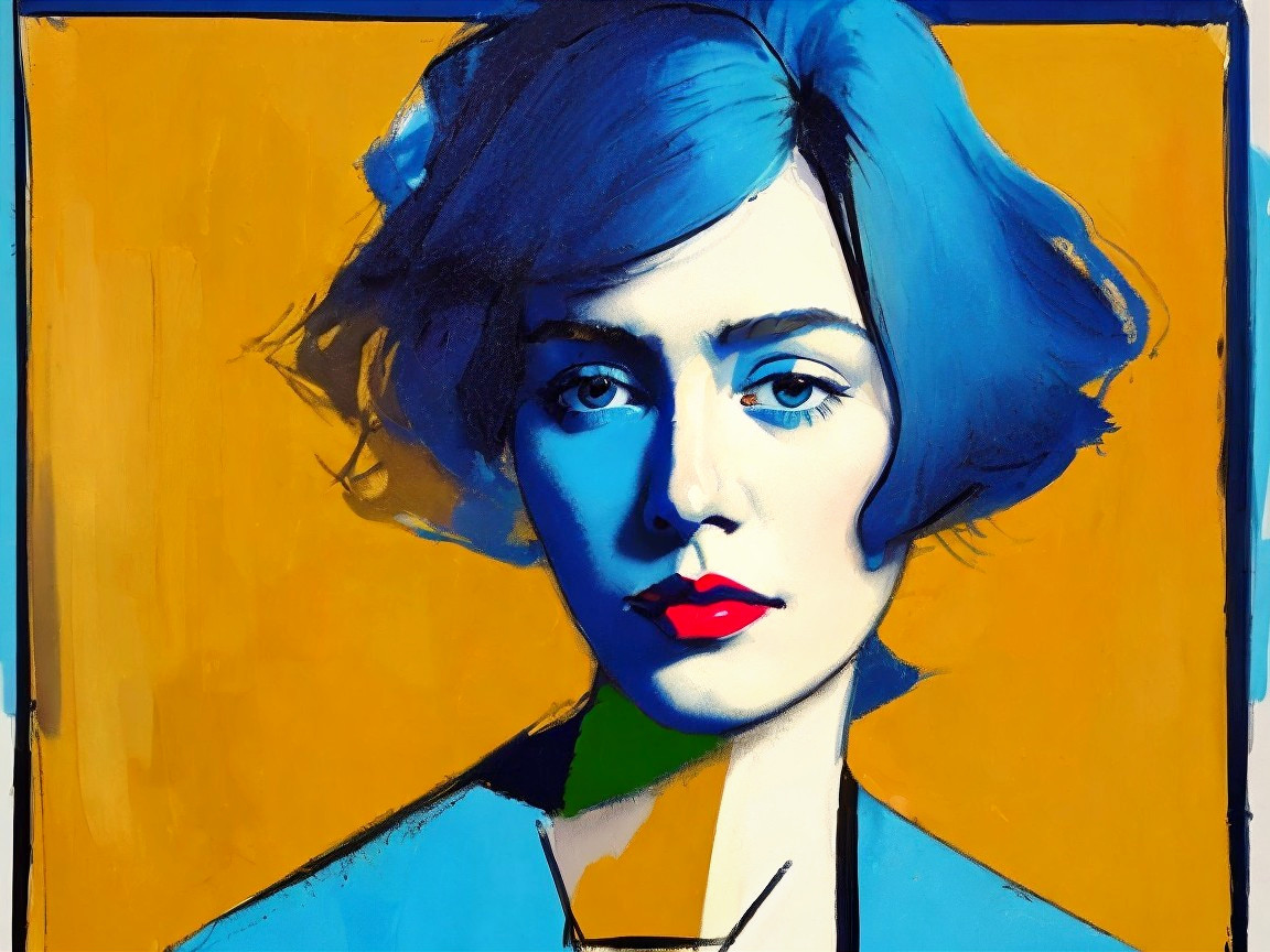 Portrait of a Woman with Blue Hair and Red Lips