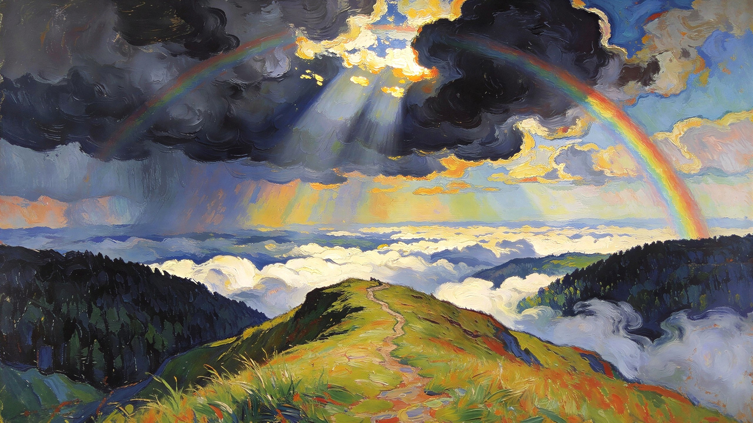 Dramatic Oil Painting of Mountain Landscape and Sky