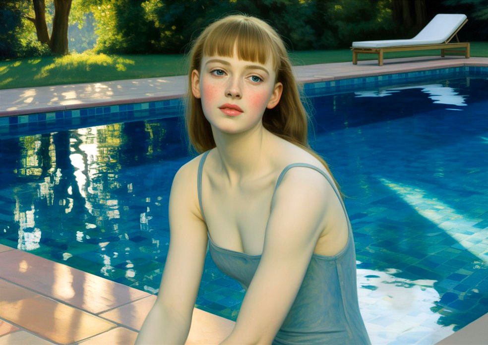 Young woman in blue dress by serene poolside