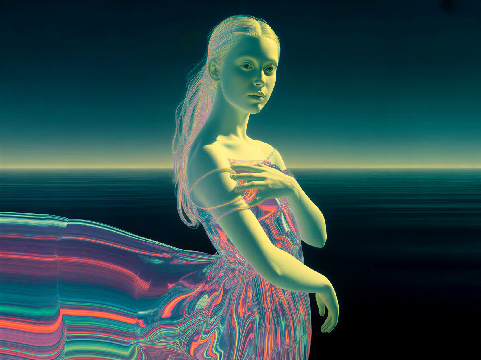Surreal Figure in Flowing Gown by Dreamy Ocean