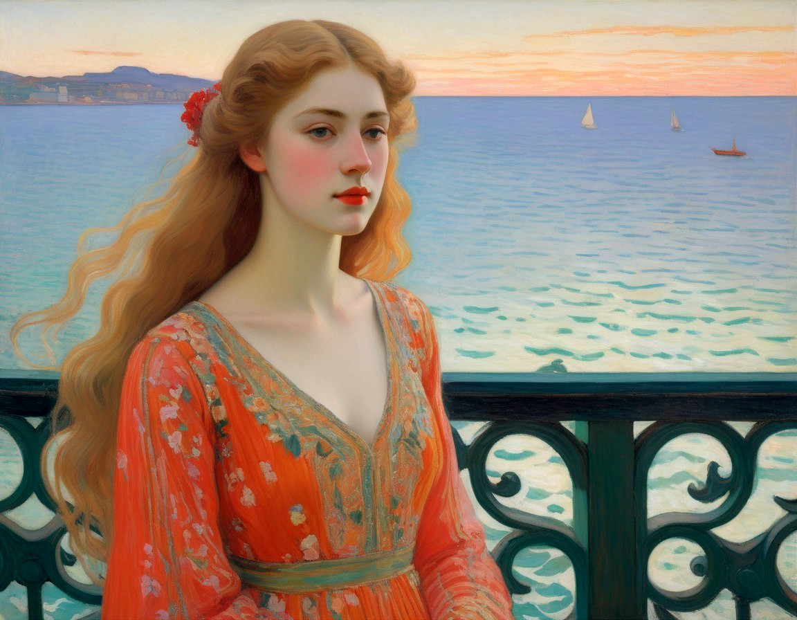 Young woman in orange dress by serene seascape