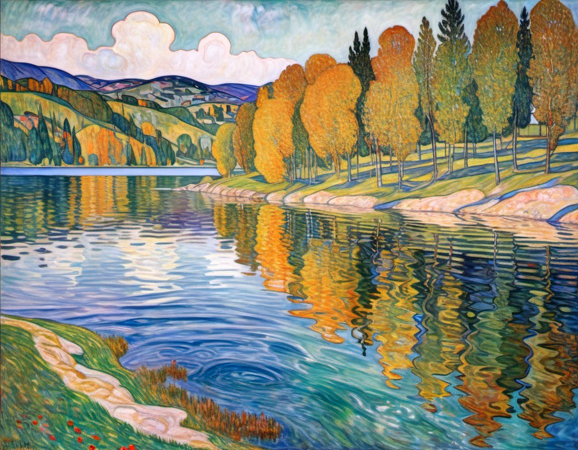 Autumn Lakeside Scene with Vibrant Foliage and Hills