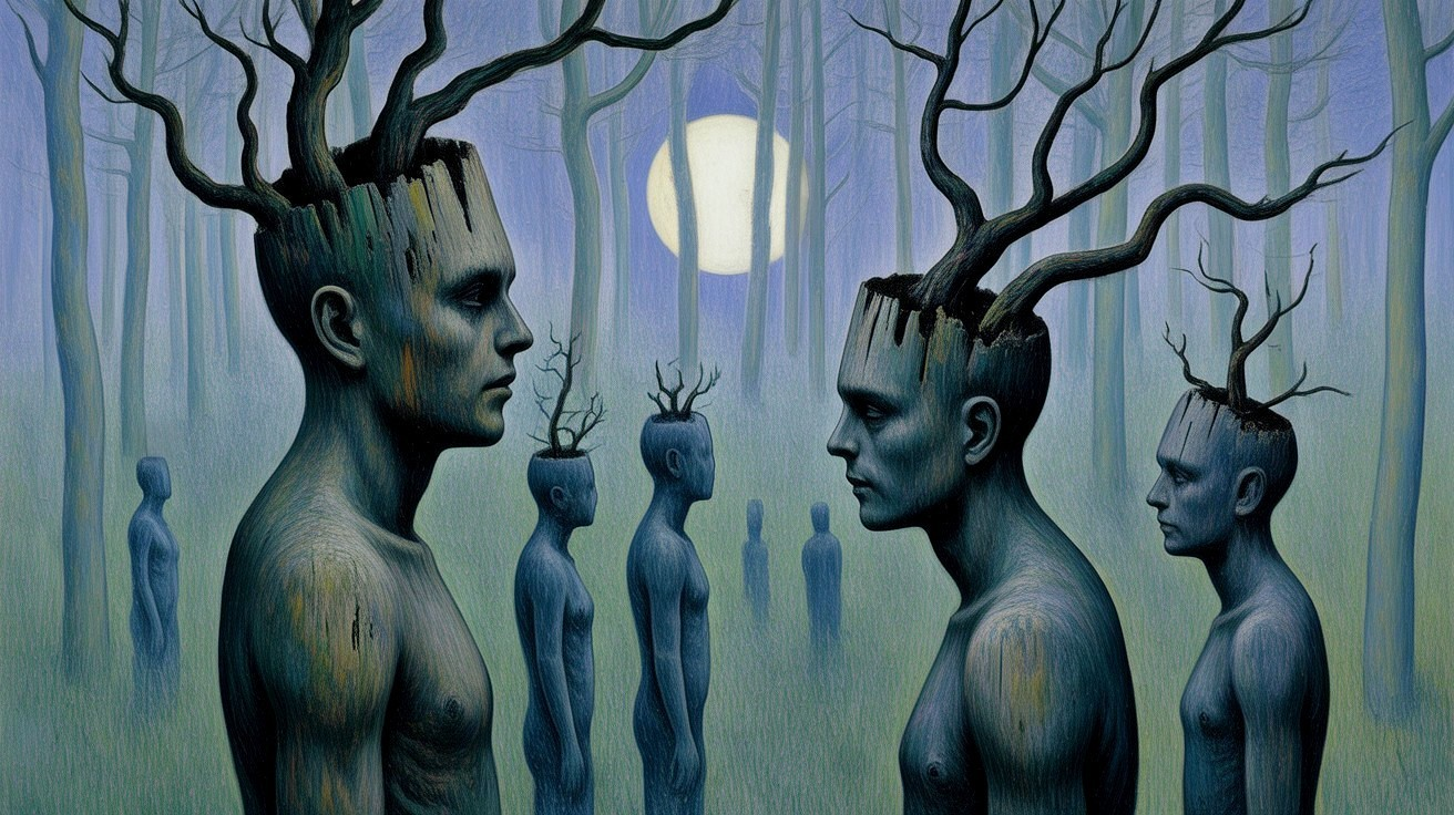 Surreal forest scene with tree-branch figures at night