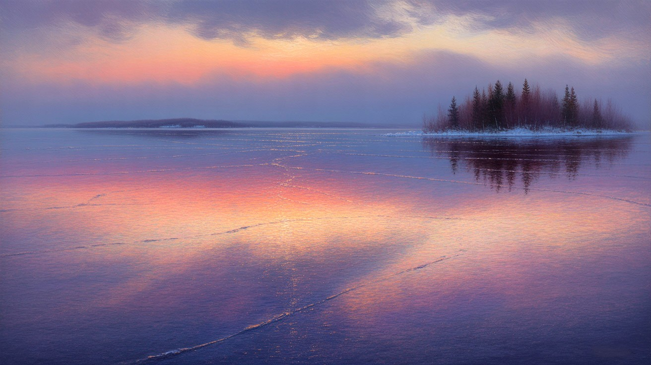 Tranquil Winter Landscape with Frozen Lake and Sunrise