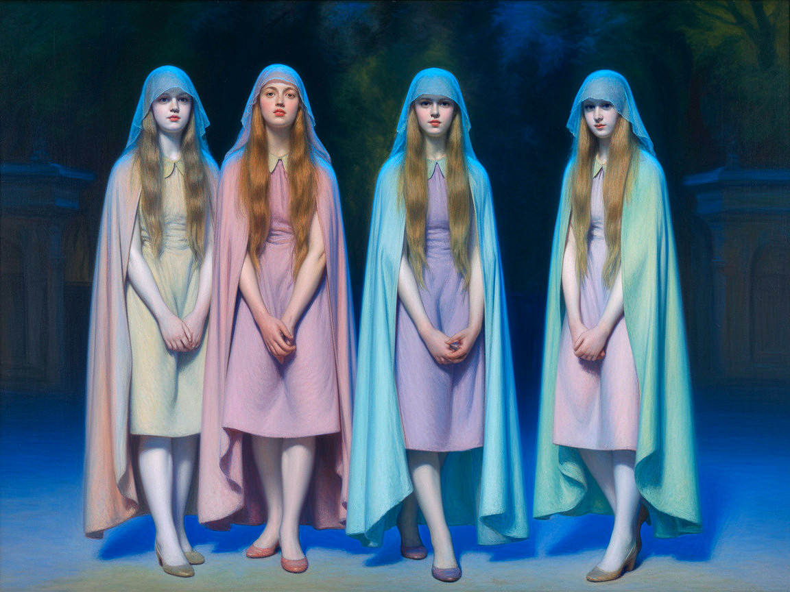 Pastel-Clad Figures in Ethereal Dark Setting