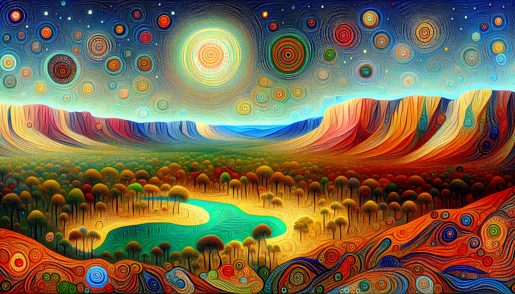 Colorful Sunset Landscape with Dreamlike Elements