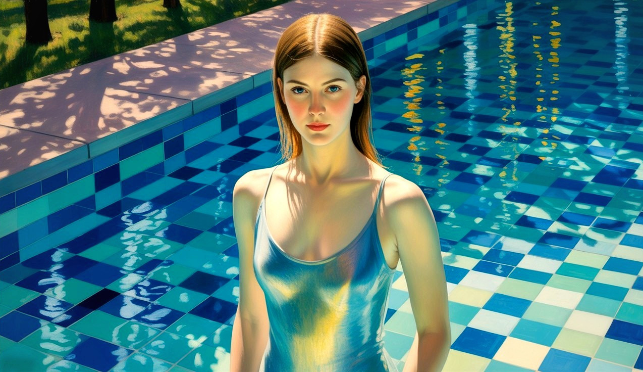 Young Woman by Shimmering Blue Pool in Lush Setting