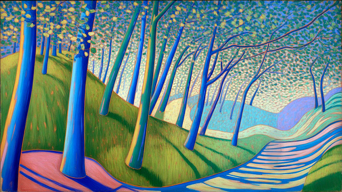 Vibrant Landscape with Stylized Trees and Rolling Hills