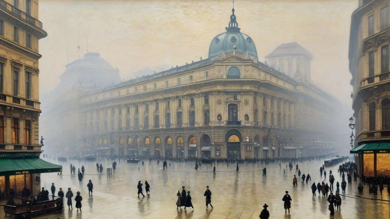 Foggy Urban Scene with Grand Dome Building and Figures