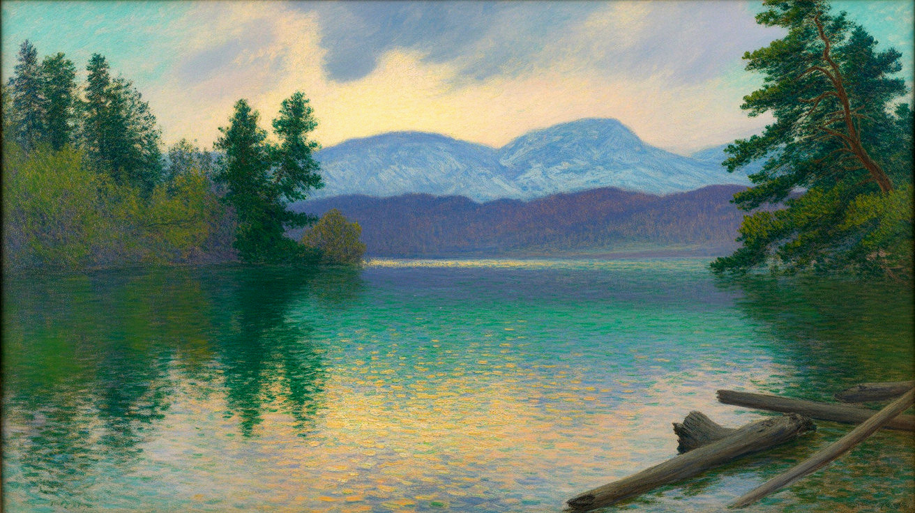 Tranquil Lakeside Scene with Mountains and Trees