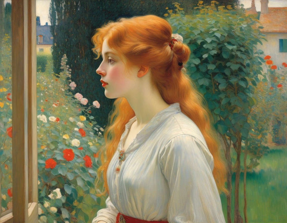 Young woman with red hair gazing out a window