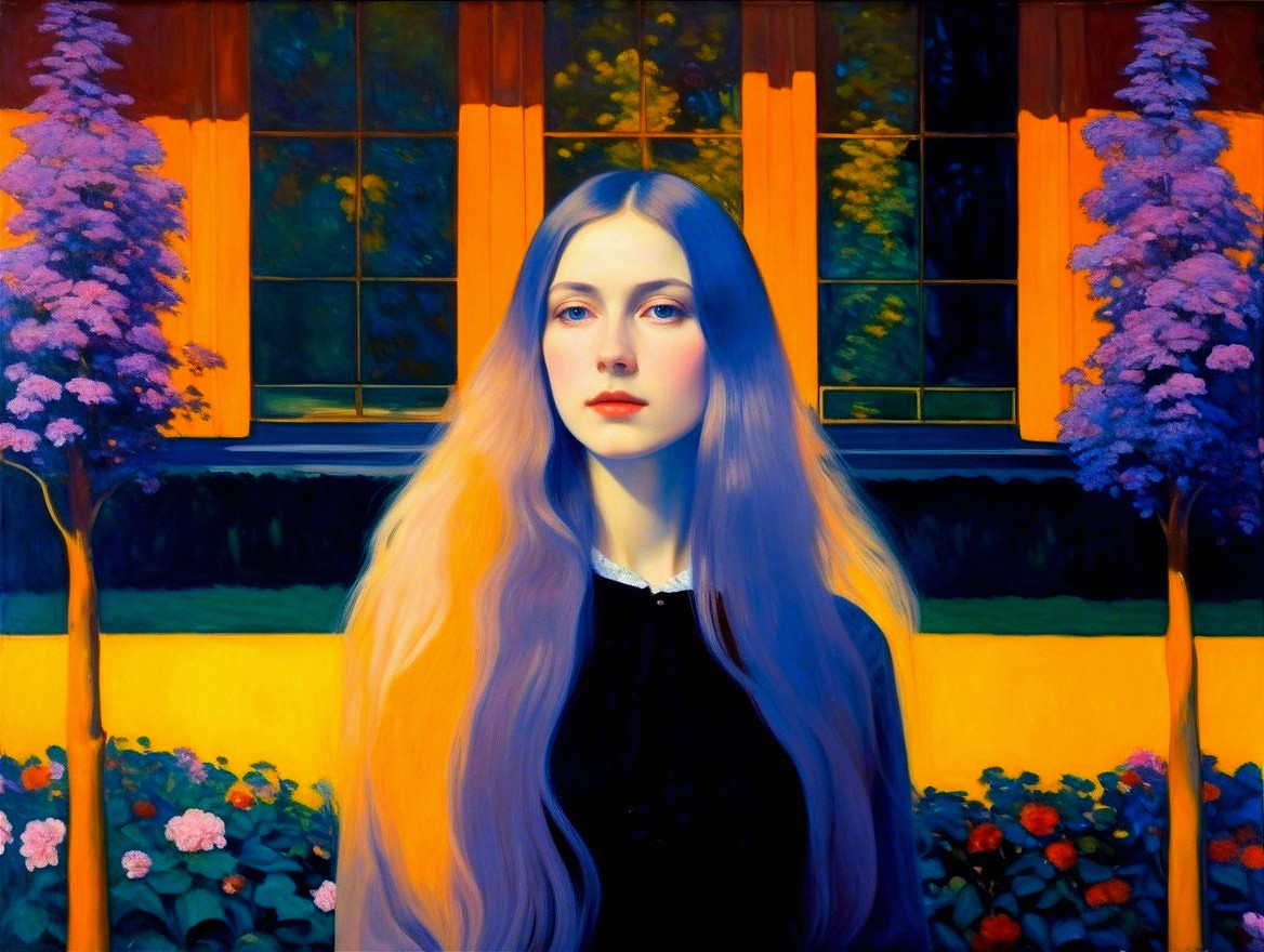 Young woman with flowing hair in vibrant setting