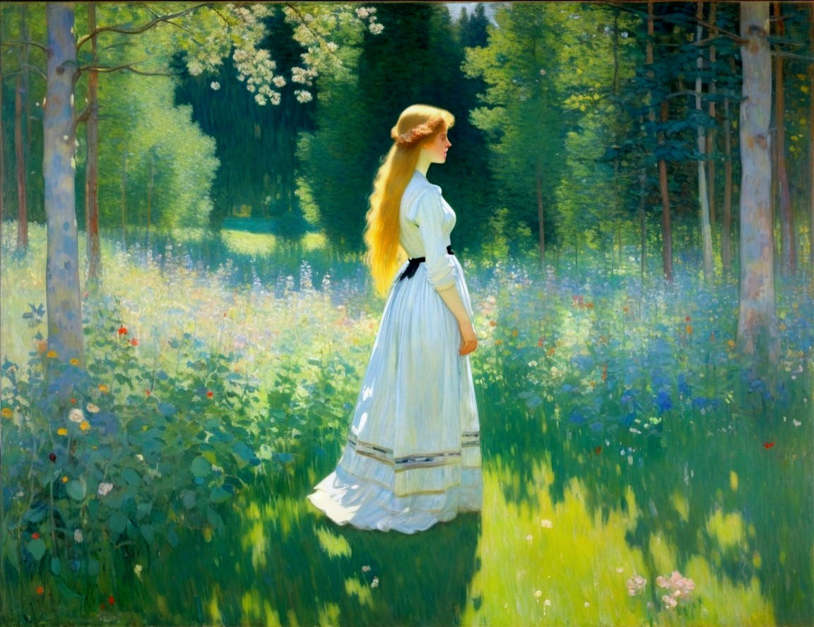 Young Woman in White Dress in Blooming Meadow