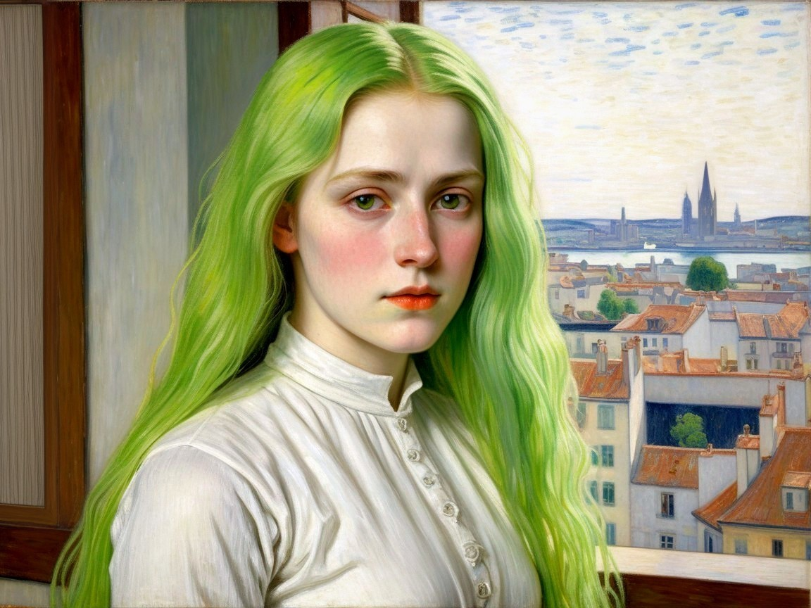 Young Woman with Green Hair Gazing Out a Window