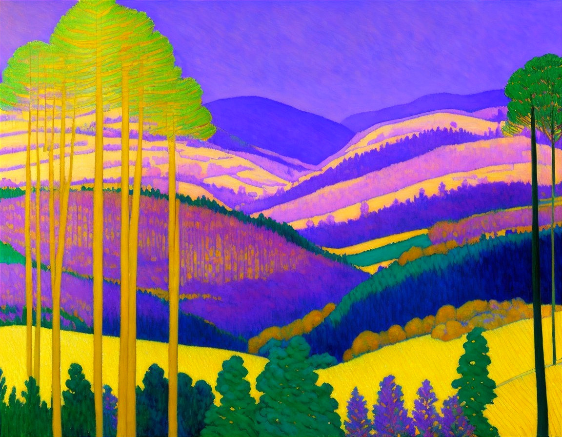 Vibrant Landscape with Purple Hills and Golden Yellow