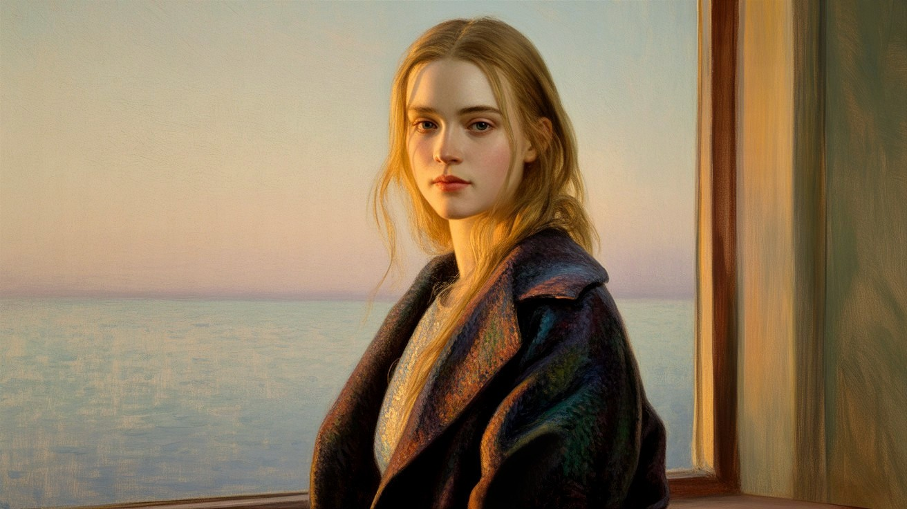Young woman in cozy coat gazes out window at sunset