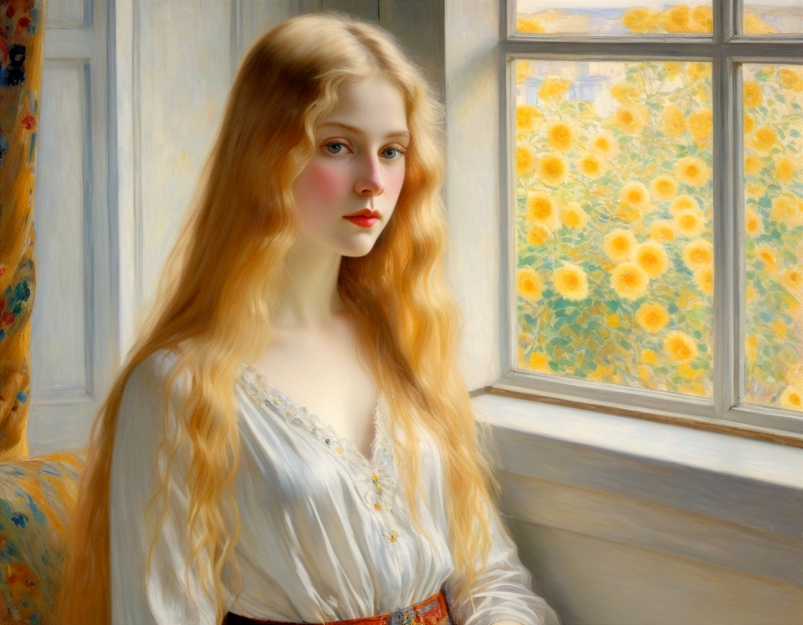 Serene Young Woman Gazing Out Window with Sunflowers