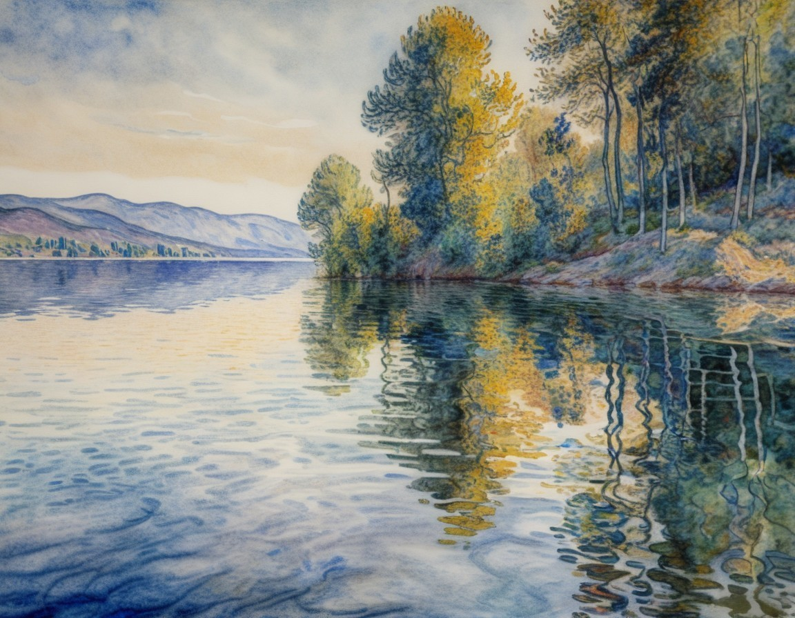 Lakeside Scene with Trees and Mountains in Watercolor